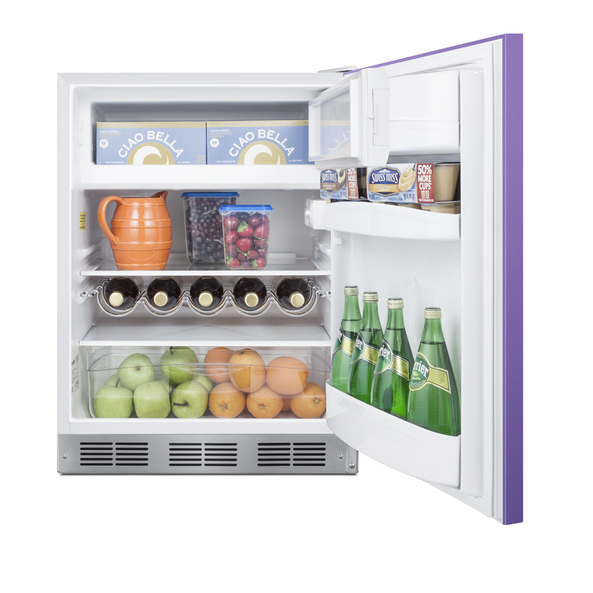 24 in. wide ADA height refrigerator-freezer for residential use with a lavender purple door, stainless steel handle, and white cabinet